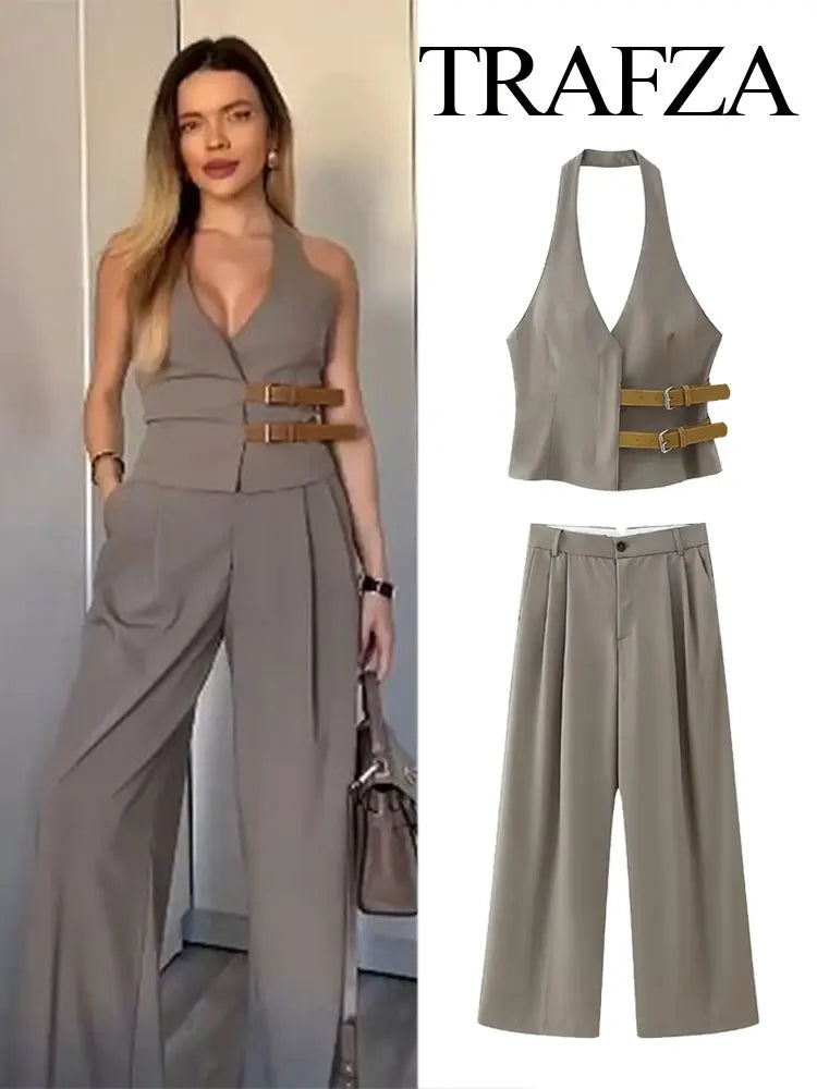 TRAFZA Spring Retro Belt New Sexy Women's V-neck Vest Halter Top Suit High Waist Zipper Women's Pleated Pocket Suit Pants Suit